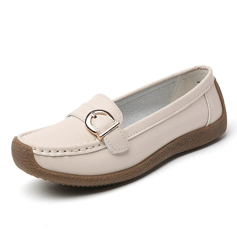 Women's casual loafers with round toe and slip-on design in beige, black, white, light grey and dark blue colours