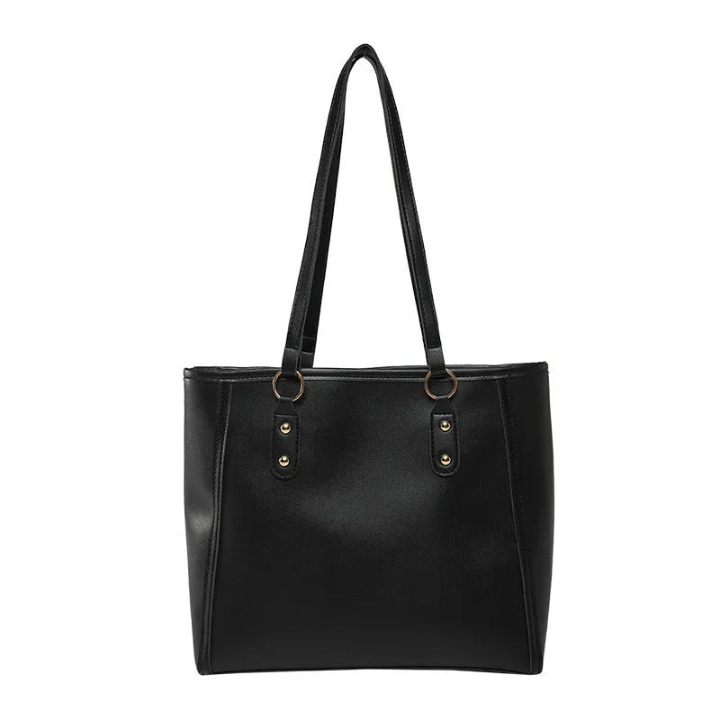 Korean-style black PU leather horizontal square shoulder underarm bag with an outer sandwich pocket.