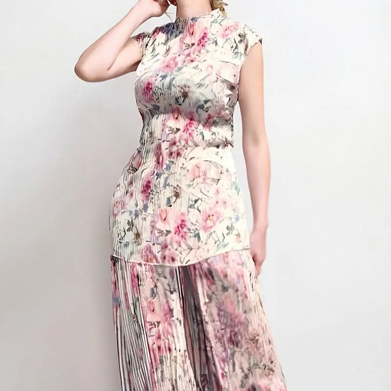 Long sleeve printed high-waist chiffon dress set with matching top and skirt on a model.