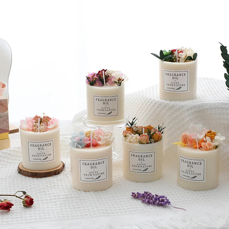 330g aromatherapy candle with embedded dried flowers, available in nine fragrances with optional gift box and wooden base