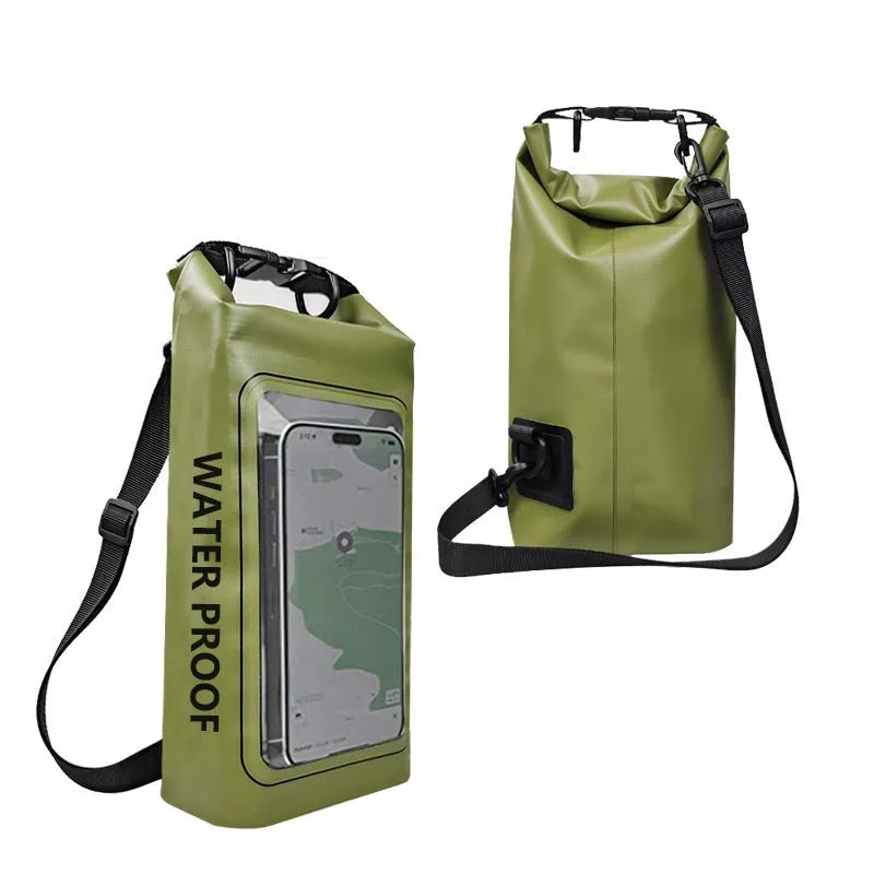 Army Green 2L waterproof crossbody phone bag made from PVC mesh for outdoor and water sports.