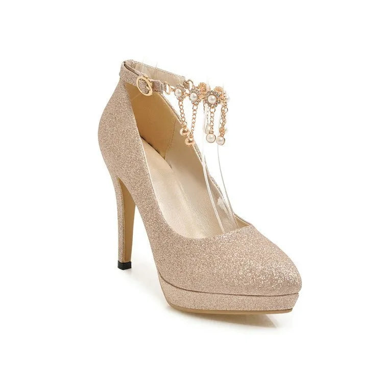 Women's blue platform stiletto high heels with pointed toe in special fabric.