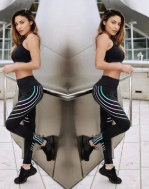 Women's black and white glow-in-the-dark fitness leggings with slim-fit pencil pants design