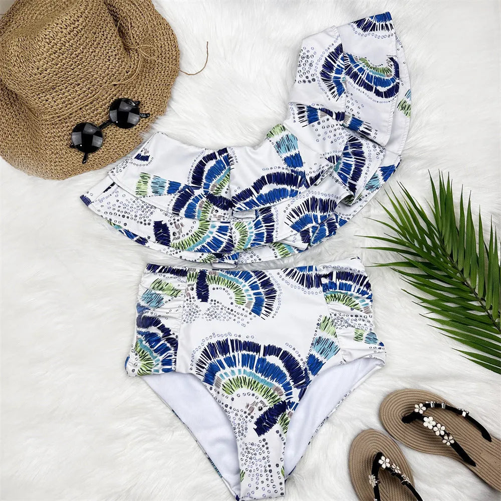White women's one-shoulder swimsuit with double-layer lotus leaf detailing and split bikini style