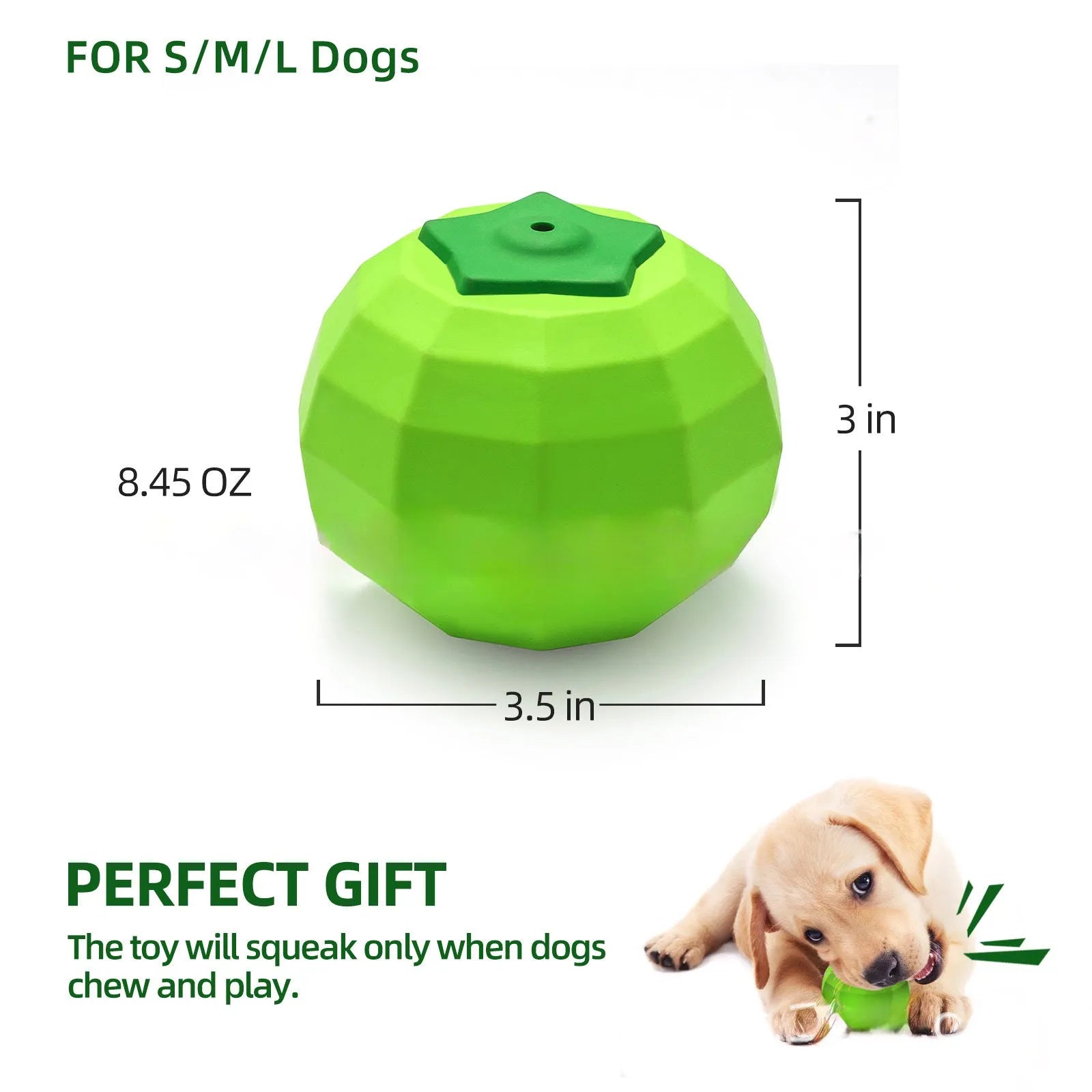 Green natural rubber dog squeaky ball toy for medium large breed aggressive chewers