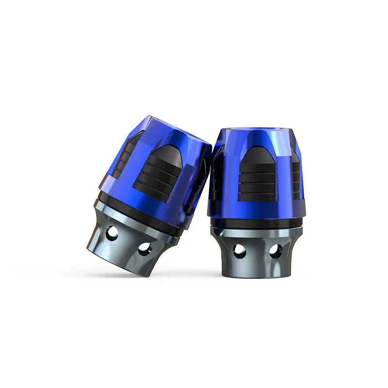 Pair of anodised aluminium fork cups for motorcycle or electric car front axle, shown in one of seven available colours.