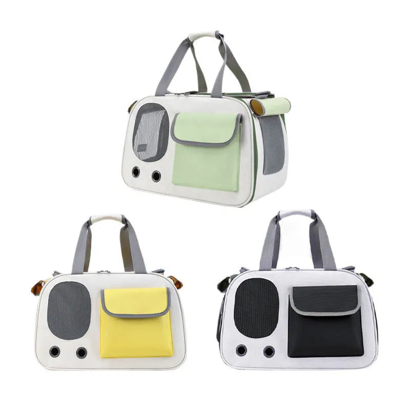 Yellow foldable canvas pet carrier bag with single shoulder strap, shown open.