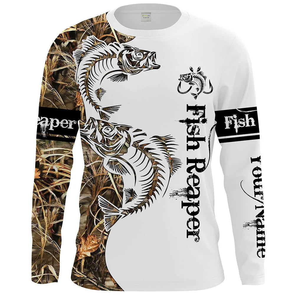 Men's grey long sleeve pullover top with an all-over colourful fish print design, round neck.