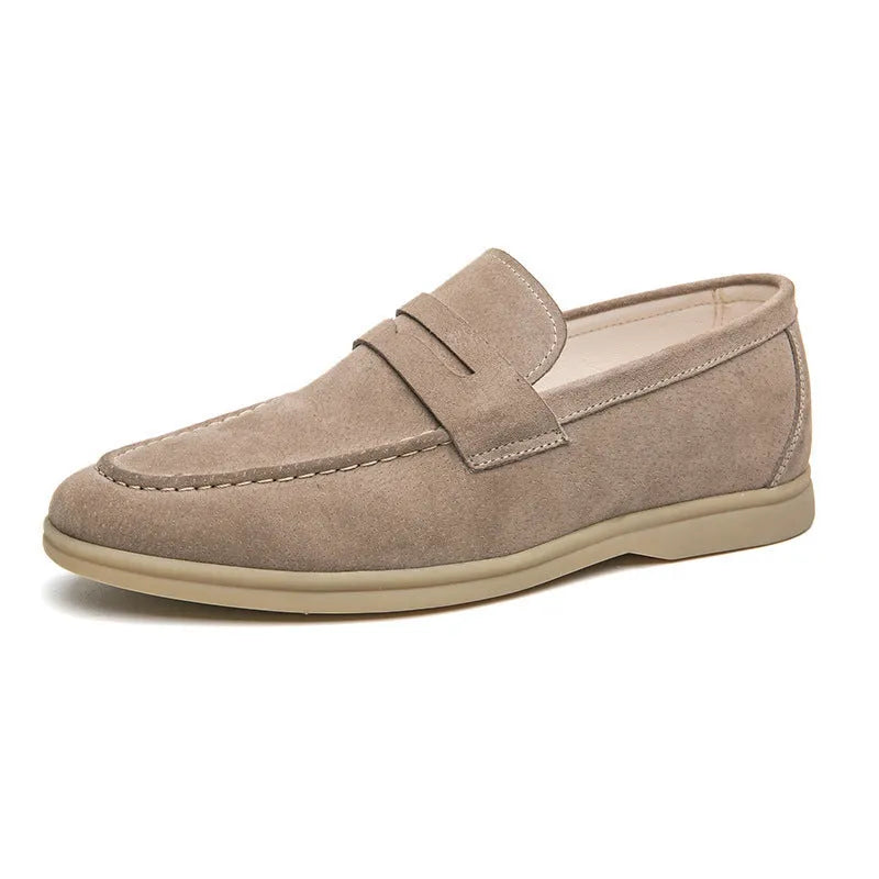 Men's black leather slip-on casual shoes with round toe and rubber sole