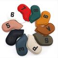 Ten digitally printed PU golf club head covers in varied colours