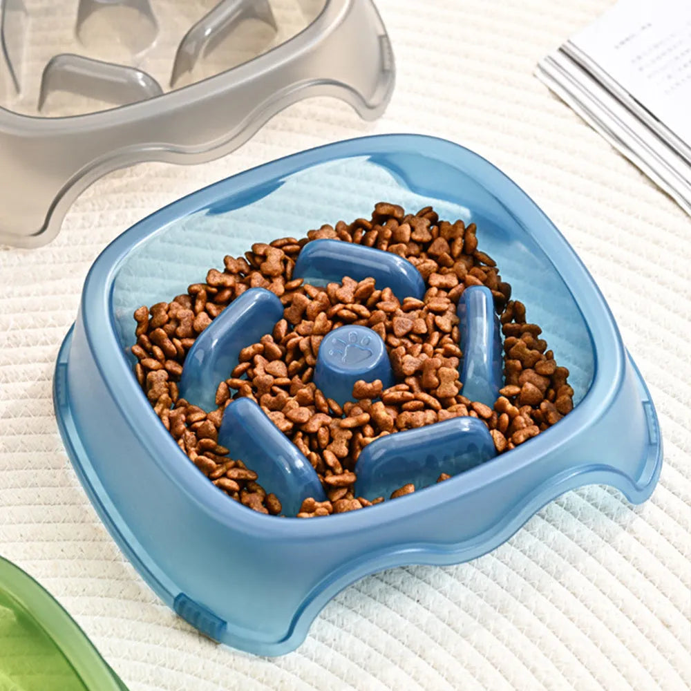 Blue plastic slow feeder dog bowl with internal maze pattern for portion control.