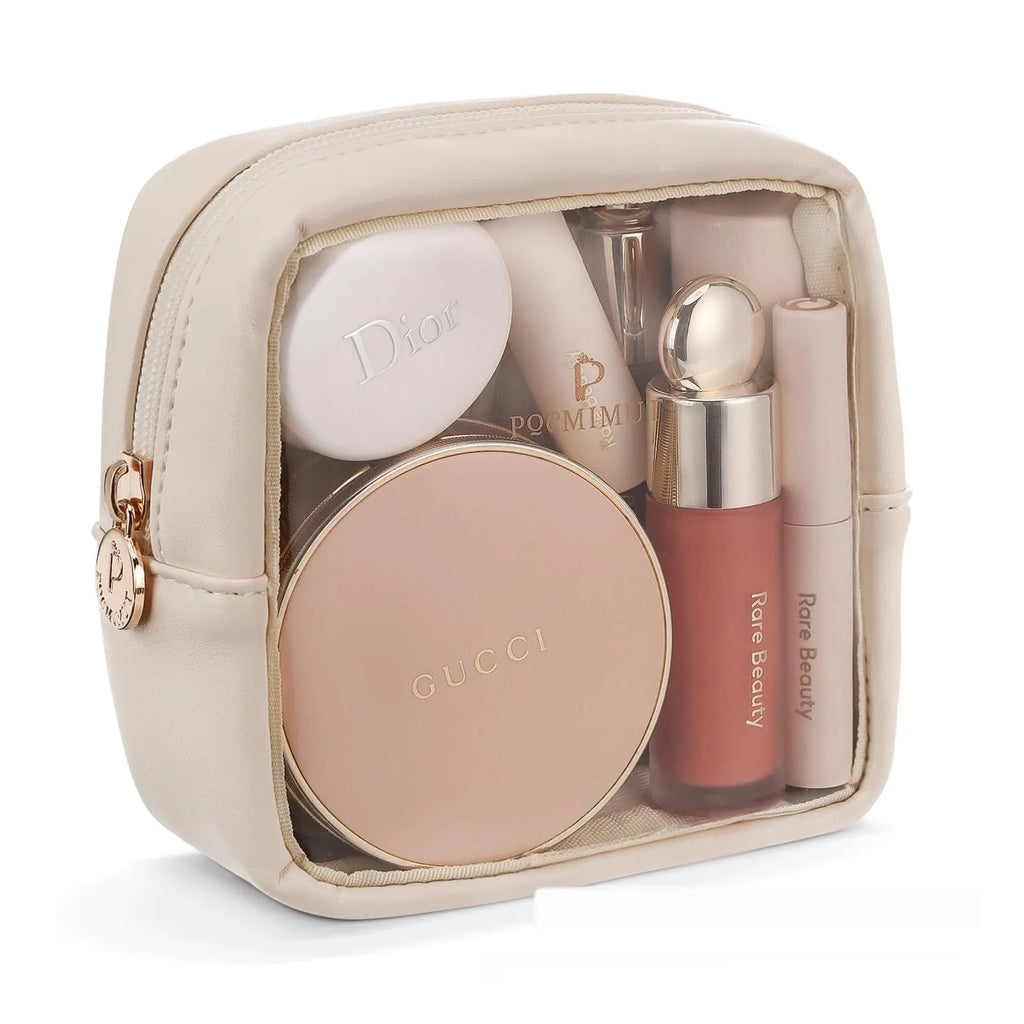 Leather transparent cosmetic bag showing interior compartments with waterproof PVC construction