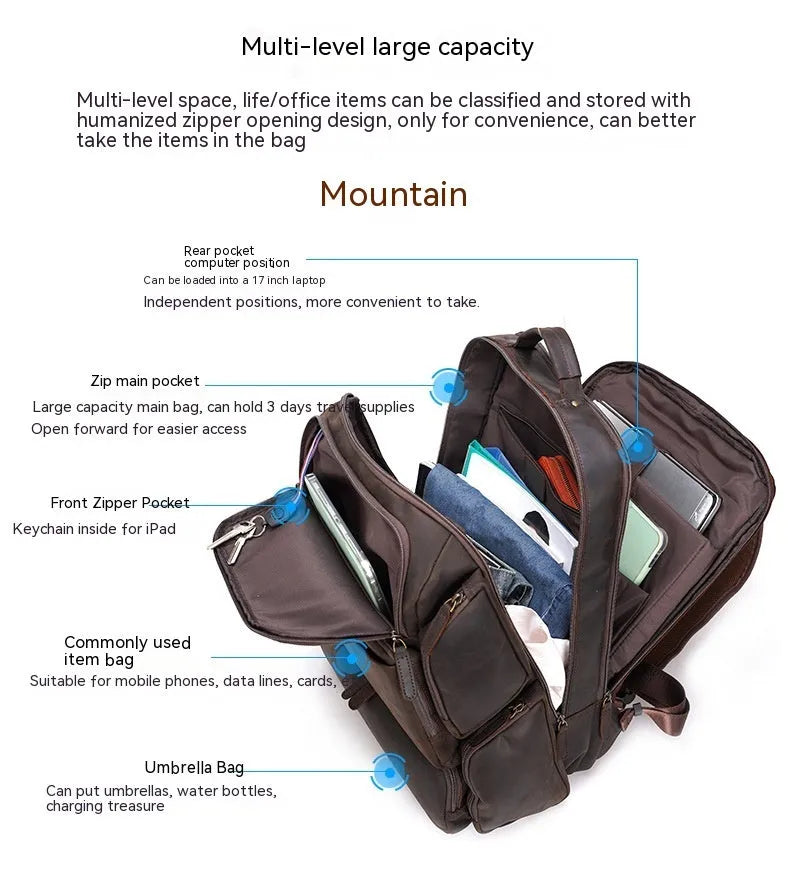 Dark brown leather backpack for 17-inch laptops with multiple compartments and shoulder straps