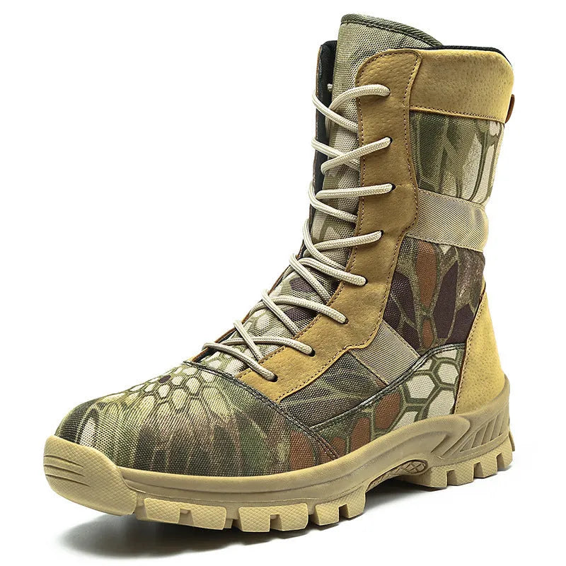 Men's black and camouflage high-top Martin boots with mesh upper and totem detailing, shown in sizes 39 to 46.