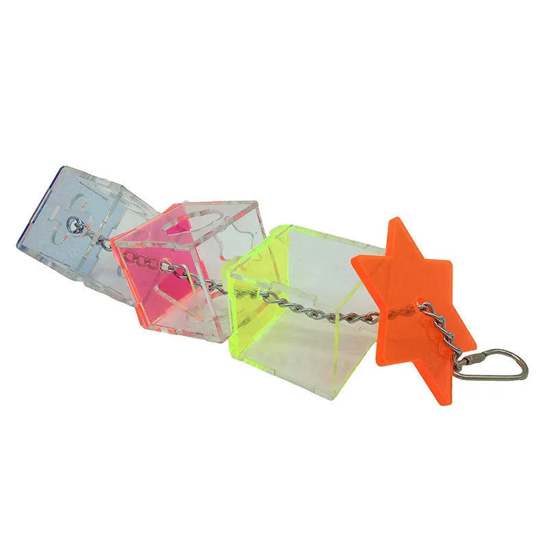 Clear acrylic parrot foraging toy measuring 32 cm tall for holding bird food.