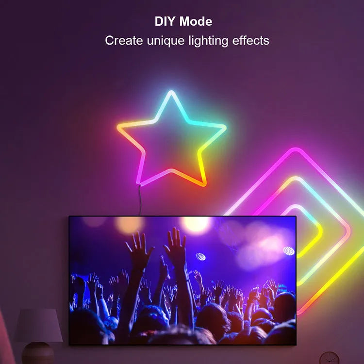 3-metre long flexible RGB neon LED light strip with remote control, showing colour-changing effects.