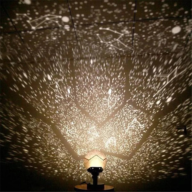 LED starry sky projector showing constellation projection on ceiling with remote control