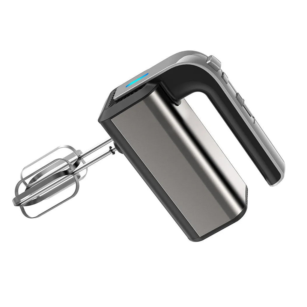 Silver handheld electric mini whisk with stainless steel beaters and five-speed control dial.
