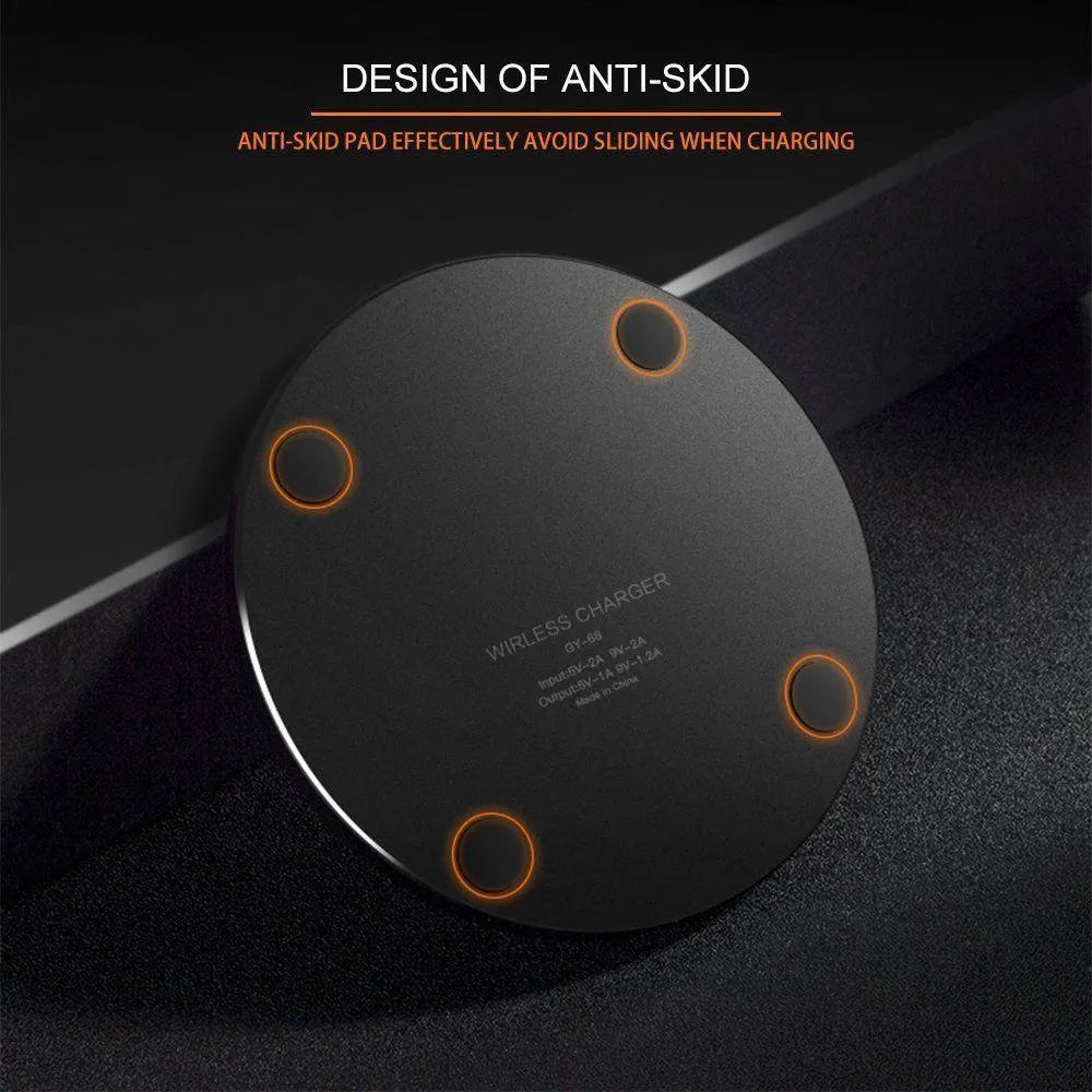 Ultra-thin black square wireless charger with fast 9V QI charging capability