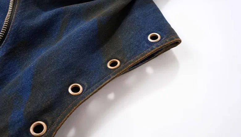 Blue heavy industry deconstructed hooded denim vest coat with matching trousers, Korean style, zipper front