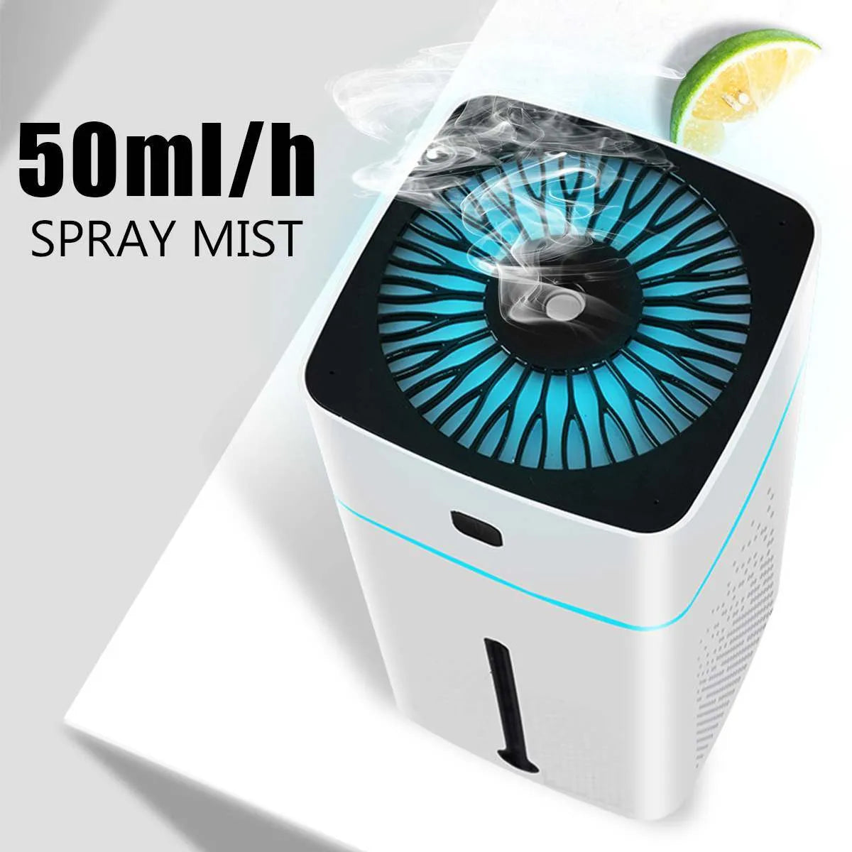 Black or white USB desktop humidifier with 1000ml water capacity measuring 103x103x218mm
