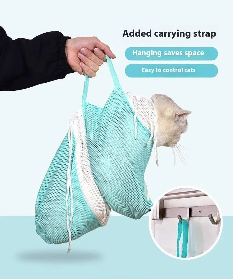Upgraded fifth generation cat grooming restraint bag in pink and white.