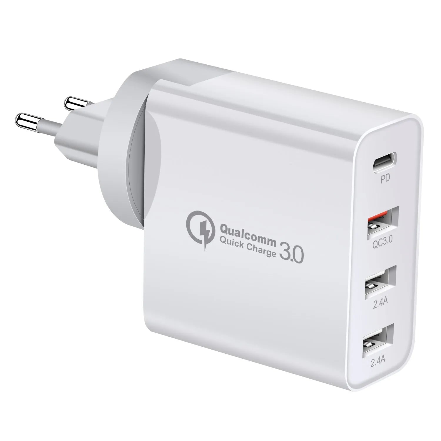 Black and white 48W four-port USB-C charger with UK, US, EU, and AU plug adapters