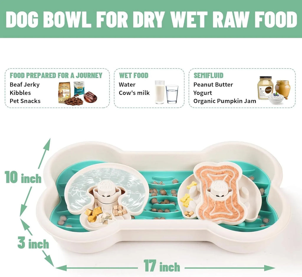 Large green three-tier slow feeder dog bowl with puzzle patterns and suction cup base