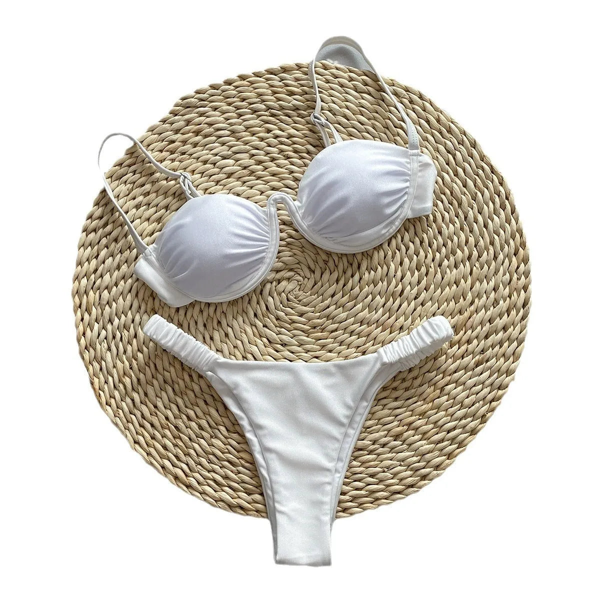 Women's underwire bikini swimsuit set in black, khaki or white with split briefs design.