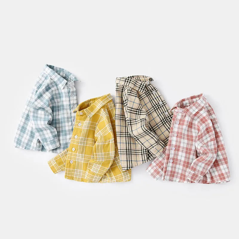 Boys' casual cotton lattice shirt with long sleeves in khaki, light blue, pink or yellow colours