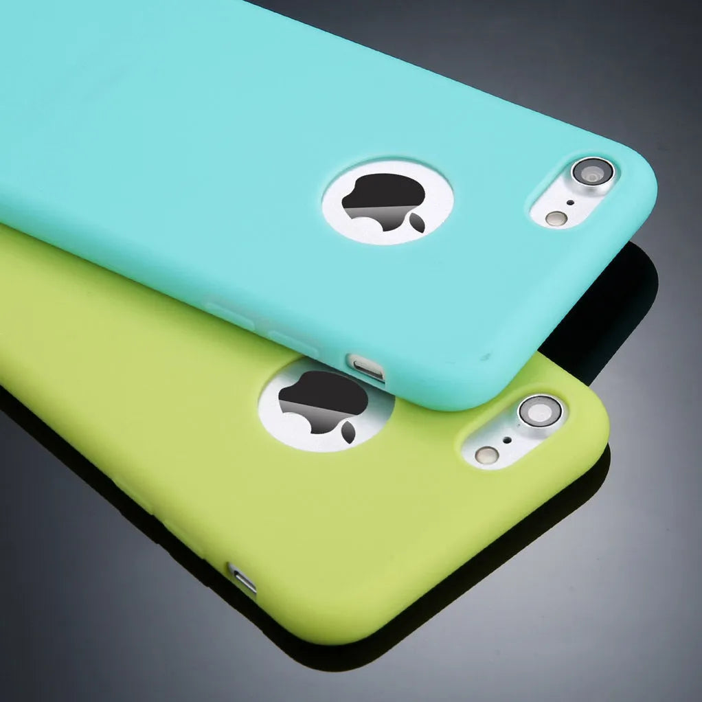 Candy colour soft silicone TPU back cover case for various iPhone models on a white background.