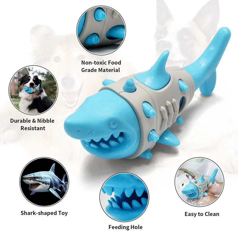 Blue leaky dog chew toy with shark-tooth texture for teeth cleaning and bite-resistant design