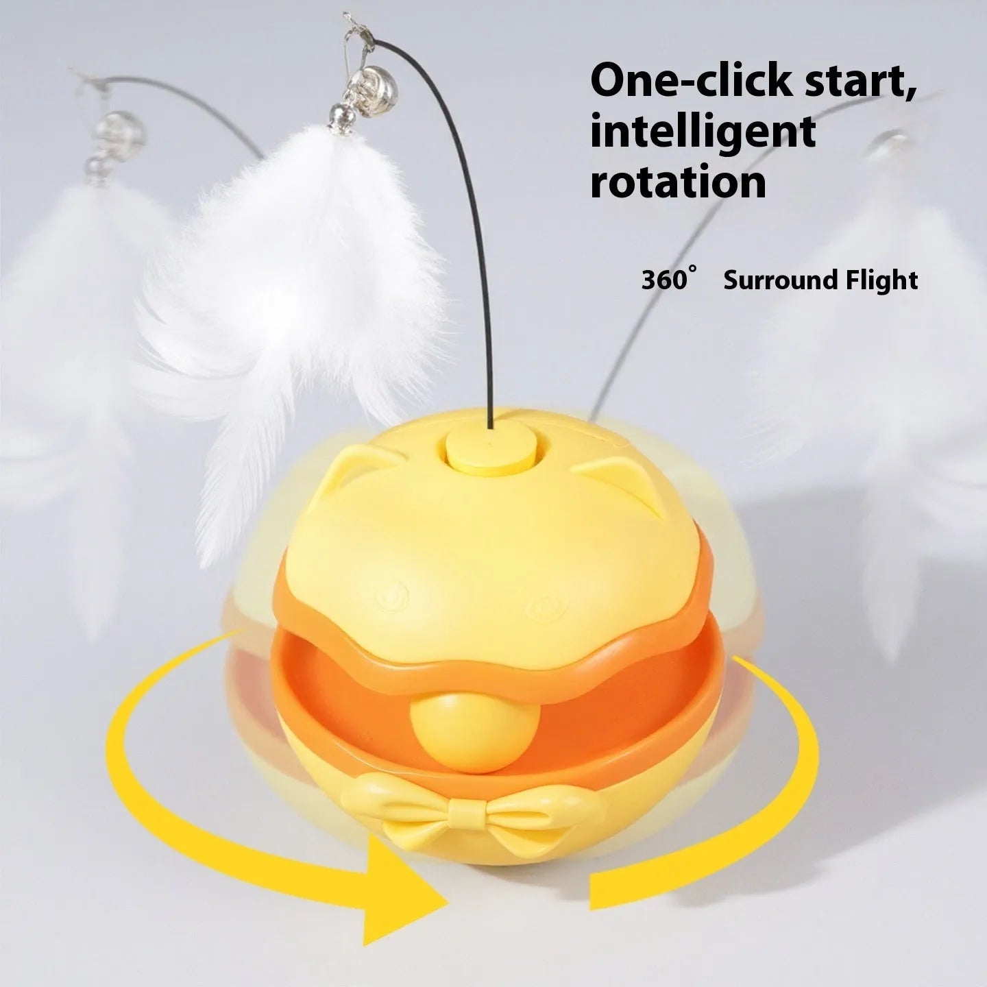 Electric cat toy tumbler in lemon yellow colour with a separate cat teasing stick on a wooden floor.