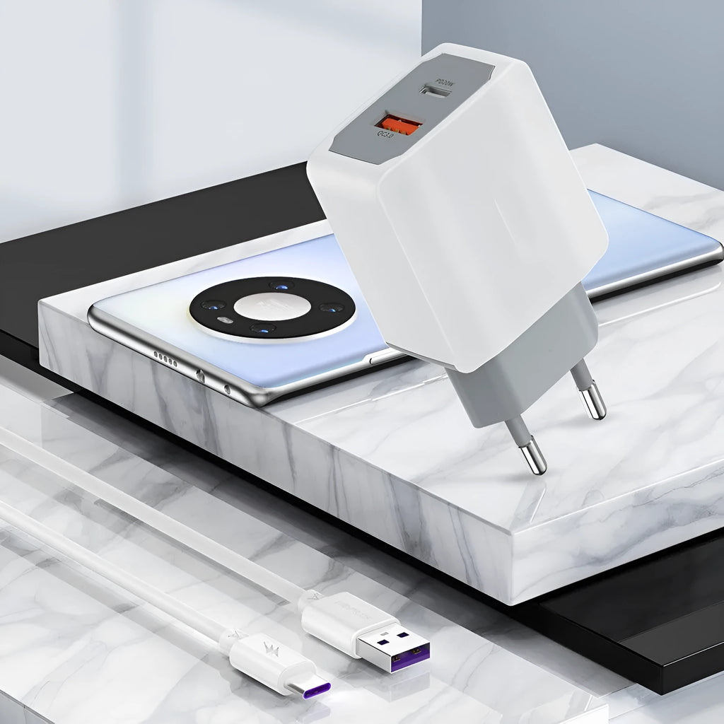 White European standard fast charger with USB cable, compact fire-resistant design