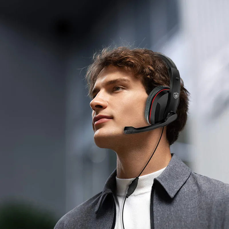 Black wired gaming headset for PC with 40mm speakers and a 1.2m cable ending in a 6.3mm straight plug.
