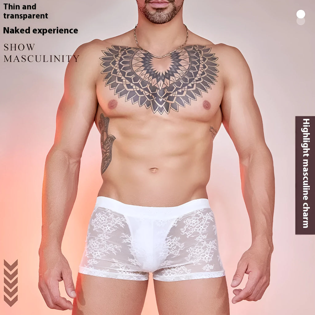 Men's black boxer briefs with white lace trim around the leg openings.
