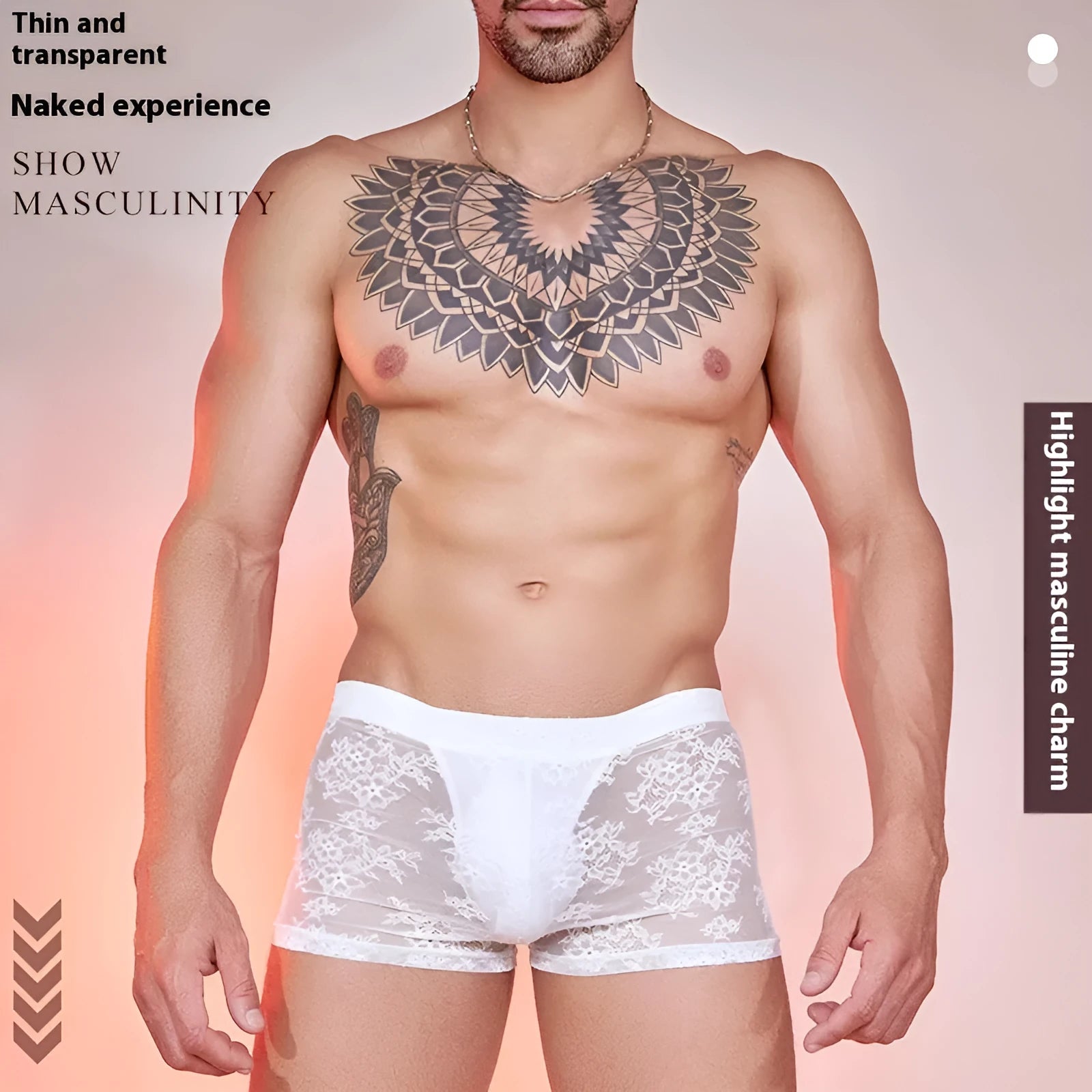 Men's black boxer briefs with white lace trim around the leg openings.