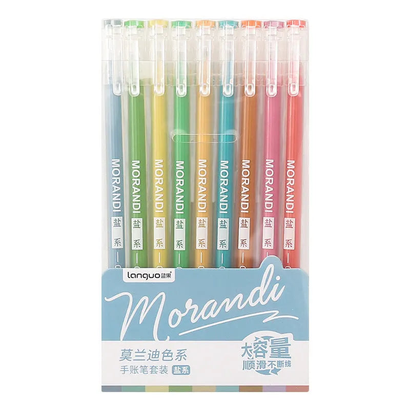 Set of nine solid colour gel pens with 0.5mm needle tips, in plastic shells, presented in a choice of colour series.