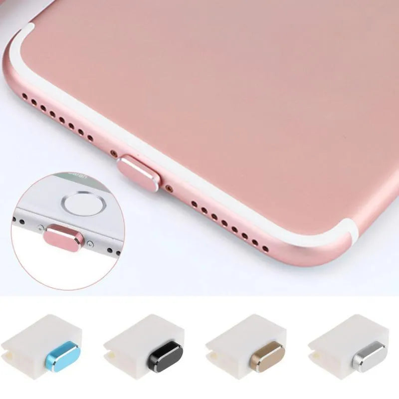 Aluminium alloy dust plug for iPhone charging port in various colours including gold, silver, and rose gold.