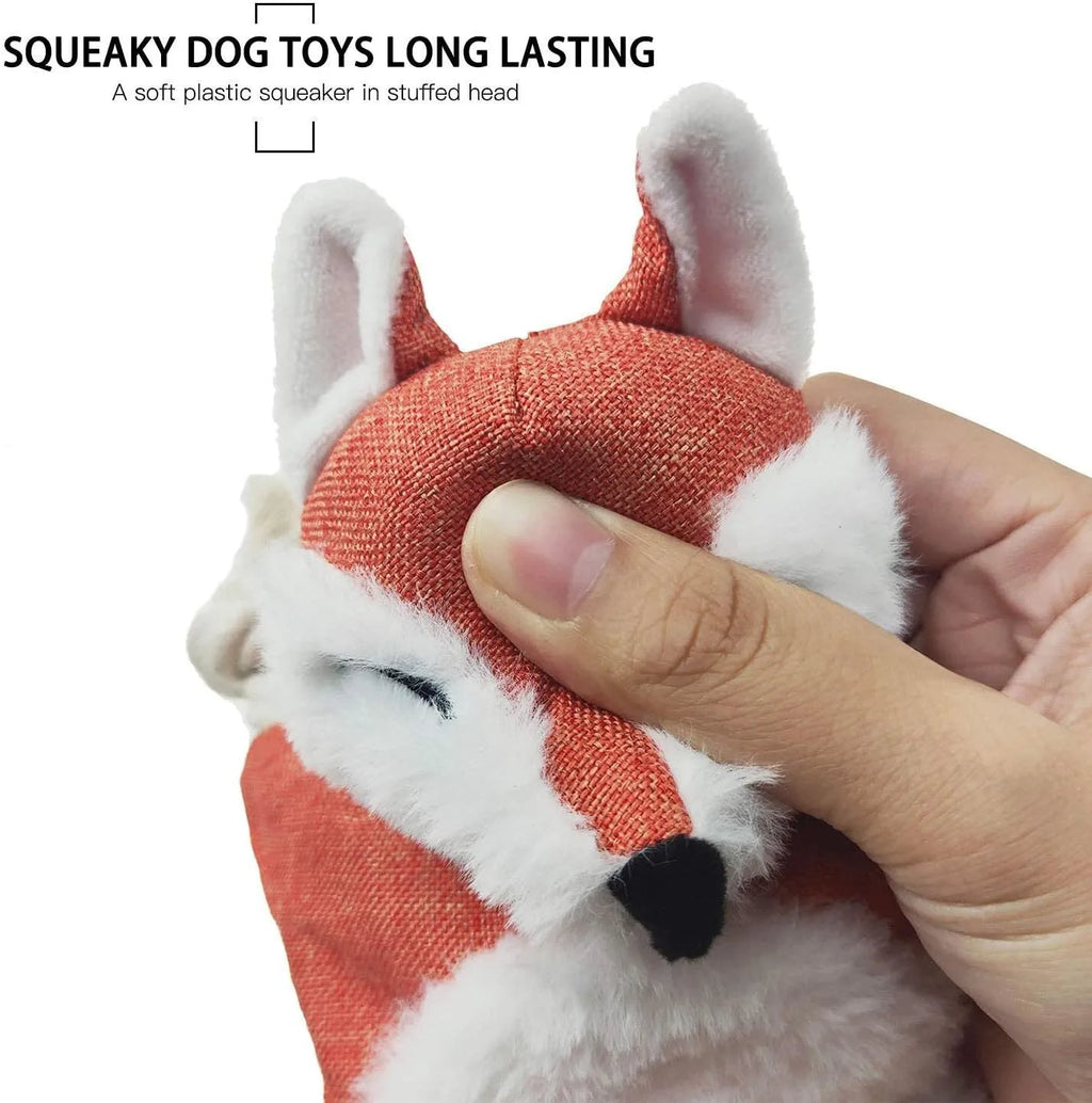 Brown fox-shaped plush dog toy with embroidered eyes, cotton rope limbs, and squeaker crinkle features.