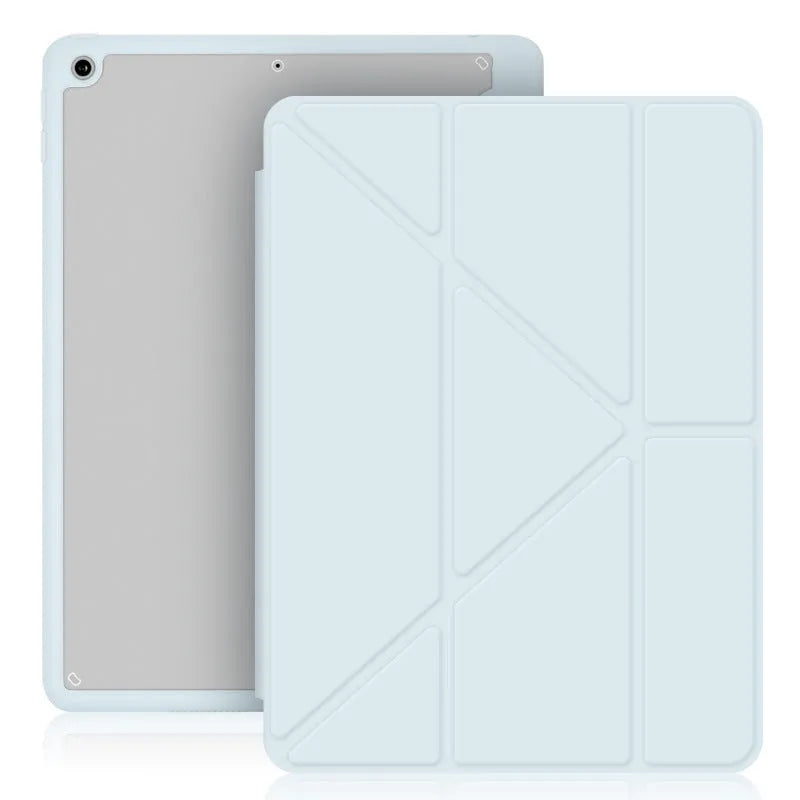 Apple iPad leather case with Y-folding acrylic cover, built-in pen slot, and bracket stand in dark grey colour