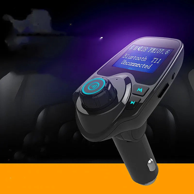 Black car Bluetooth FM transmitter with USB port and memory card slot for hands-free calling and music playback
