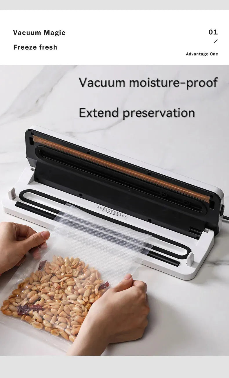 Black automatic vacuum sealer machine for household food preservation on kitchen counter