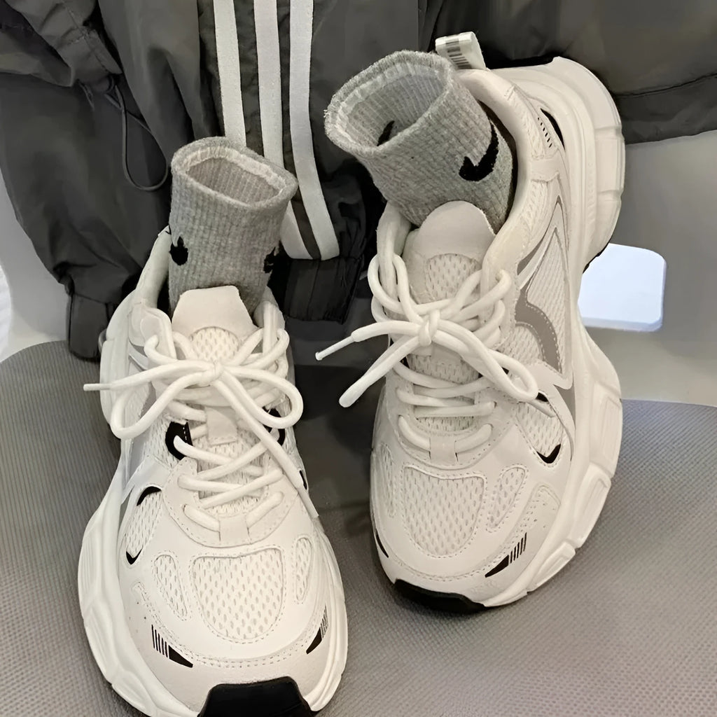 Polar Wave beige mesh platform sports shoes with wedge heel and lace-up front