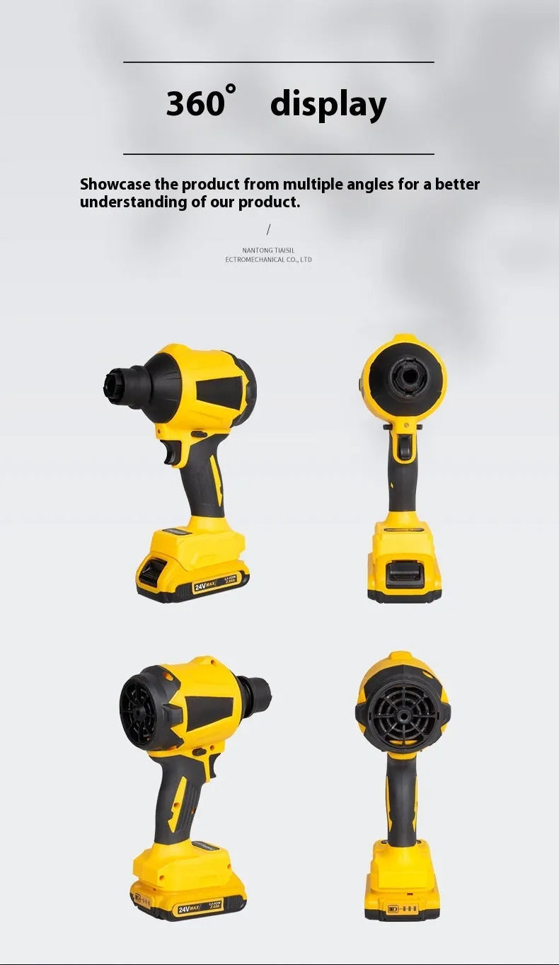 Yellow cordless lithium battery dust gun for blowing and suction cleaning.