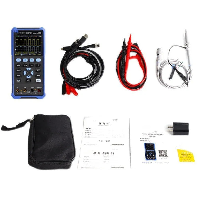 Handheld Owon HDS272 digital oscilloscope with probe accessories for automotive diagnostics