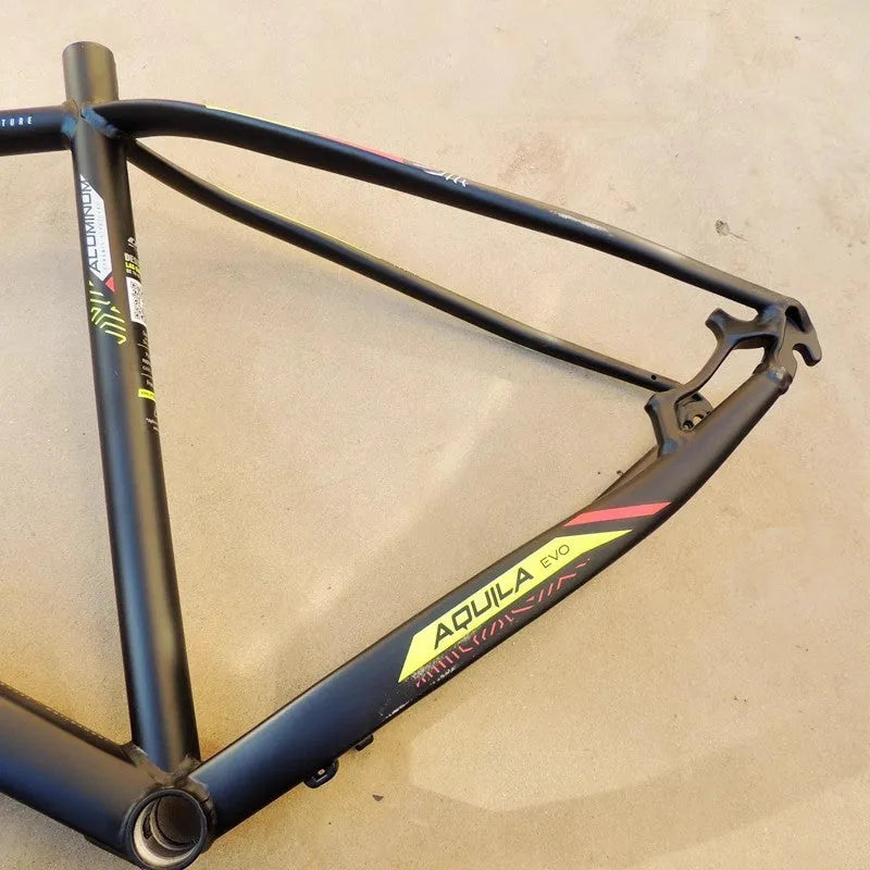 Black green aluminium mountain bike frame with internal cable routing for 29-inch wheels