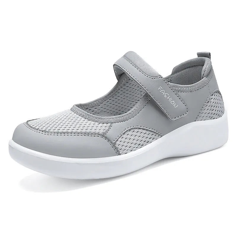 Women's low-top grey mesh casual shoes with velcro strap and round toe