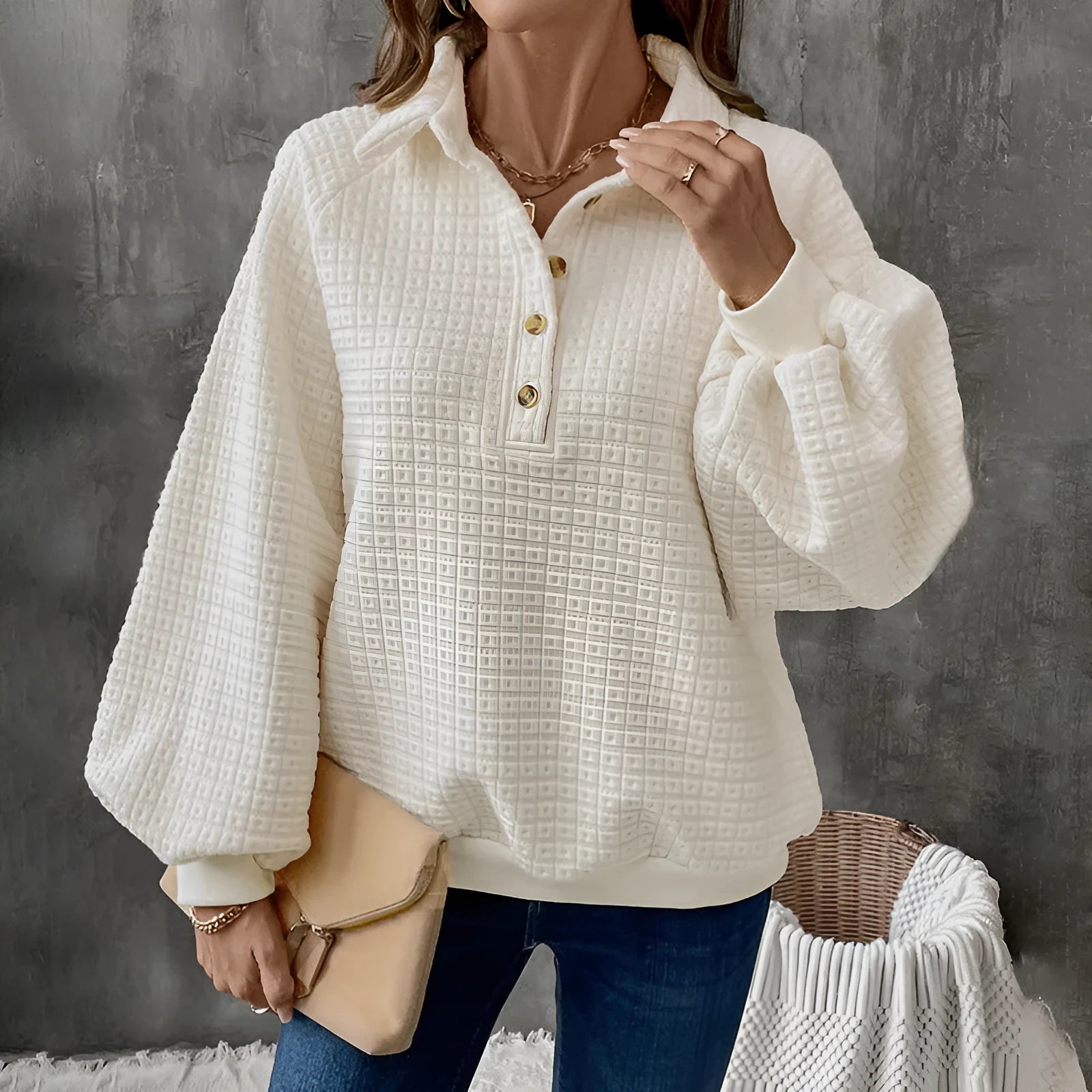 Women's milky white polo collar thick knit sweater with long sleeves
