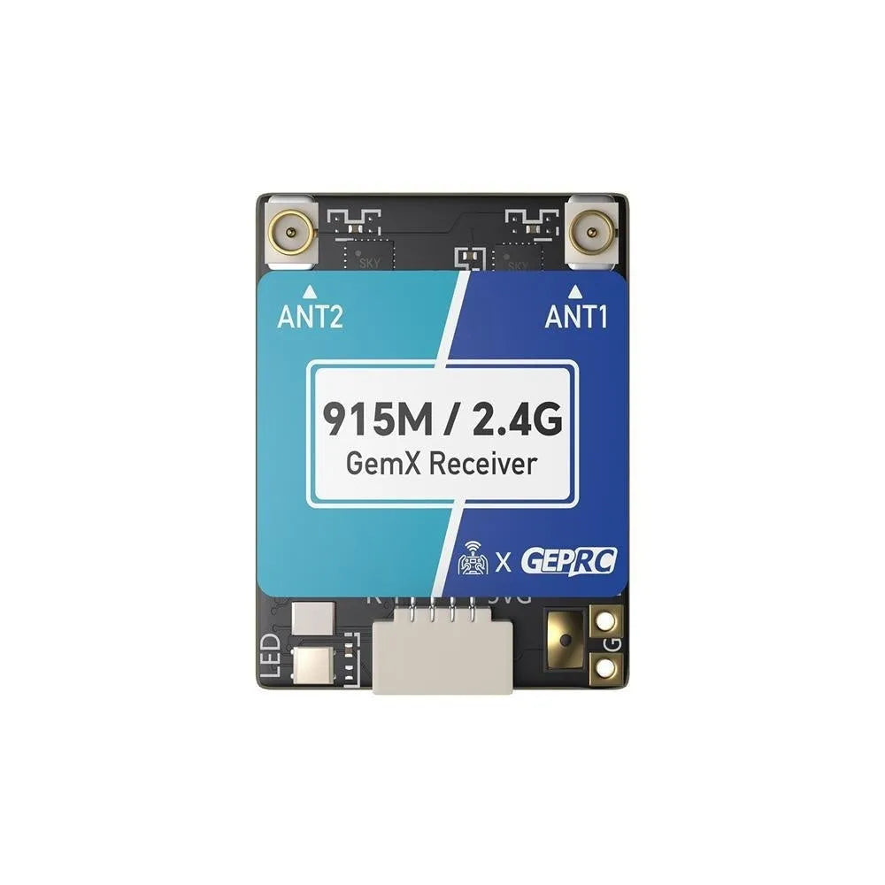 FPV drone dual-frequency ELRS receiver kit with metal base, Gemini X module, and two T-shaped antennas.